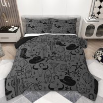 Homewish Cartoon Cowgirl Hat Full Size Comforter Sets for Kids, Black Western Cowboy Boot Bedding Comforter Set, Starfish Seashell Reversible Bedding Sets, Ultra Soft Bedroom Decor, 3-Piece