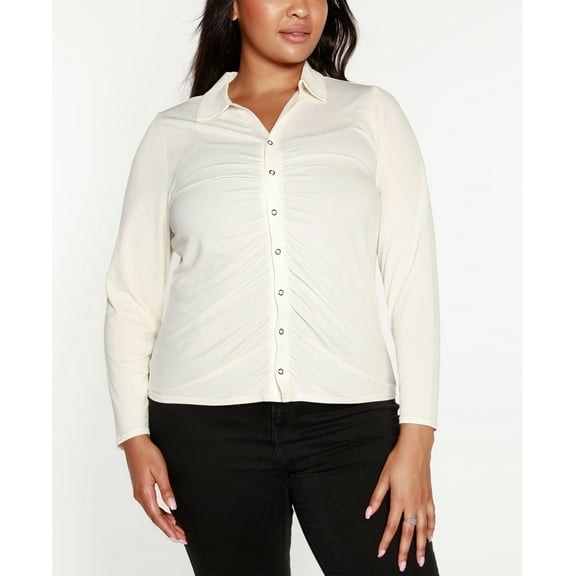 Belldini Black Label Plus Size Snap Front Collared Top Ecru 3X