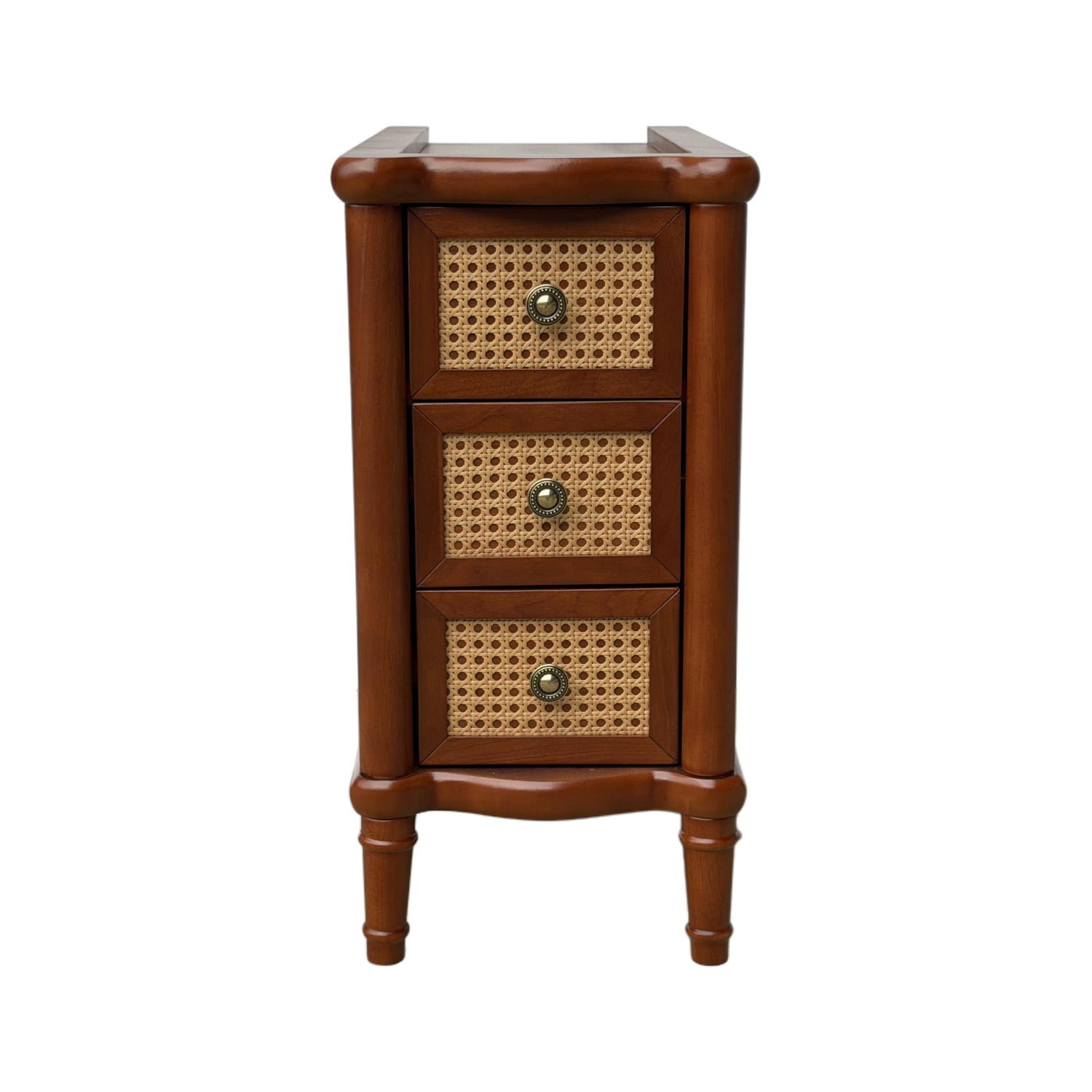 Hommoo Rattan End Table with 3 Drawers, Narrow Light & Seadrift Bedroom Side Table, Solid Wood Look MDF Nightstand for Living Room, Office or Bathroom, Walnut