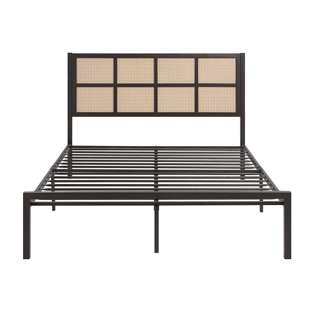 Tcbosik Queen Size Platform Bed with Faux Cane Headboard, Bed Frame for Bedroom, Heavy Duty Metal Slats Support, Bronze