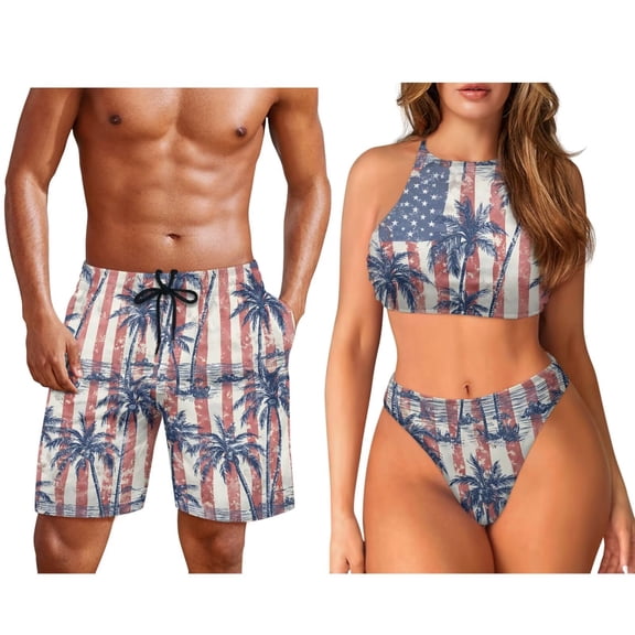 Garronmavis Couple Swimsuits Matching Set Him and Her Jamaica Flag Men’s Swim Trunks Quick Dry Beach Shorts Two Piece Swimsuits for Women Sexy Bikini Set Halter Thong Bathing Suit