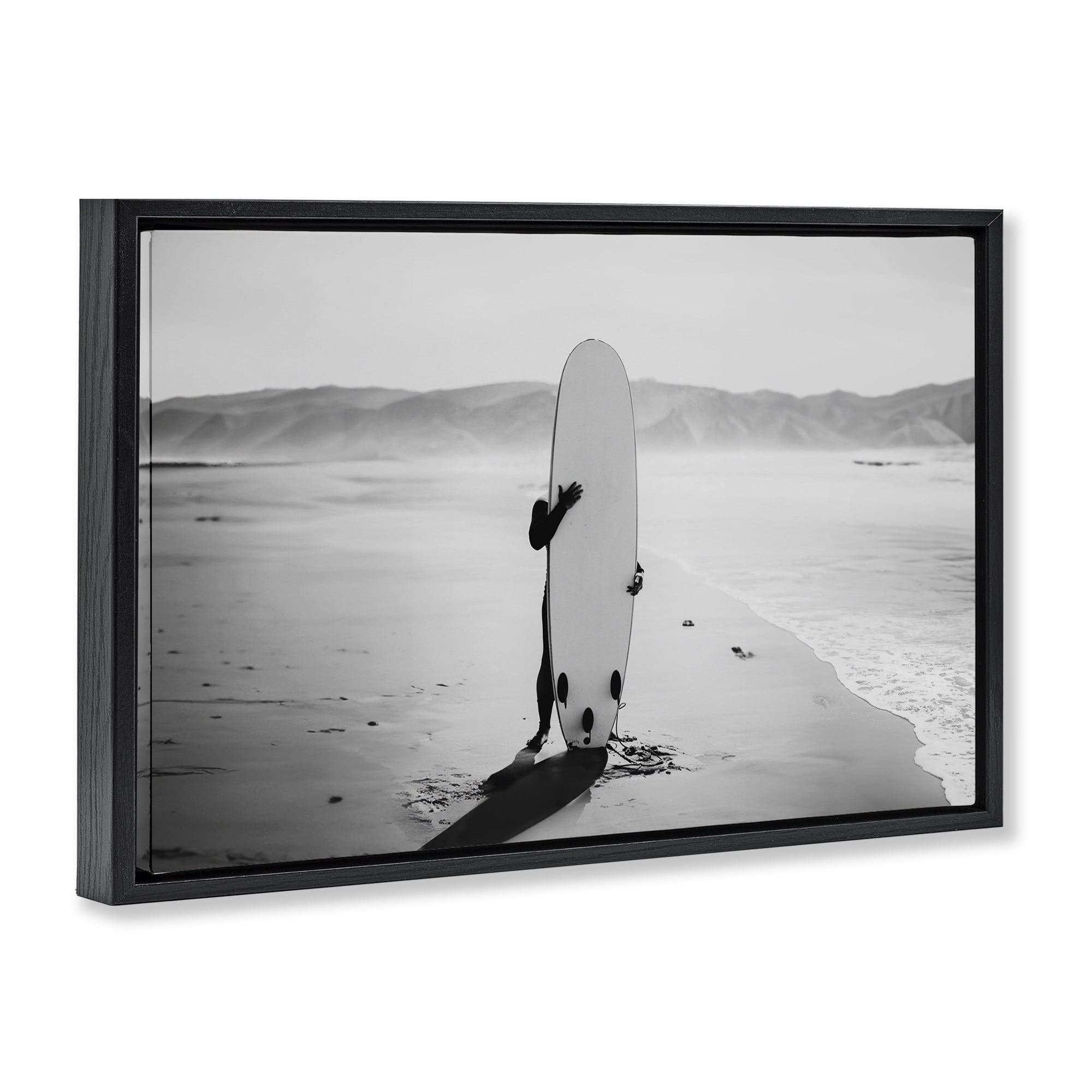 Stupell Industries Hiding with Surfboard Sports Photography Black Floater Framed Canvas Art Print Wall Art, 31 x 21