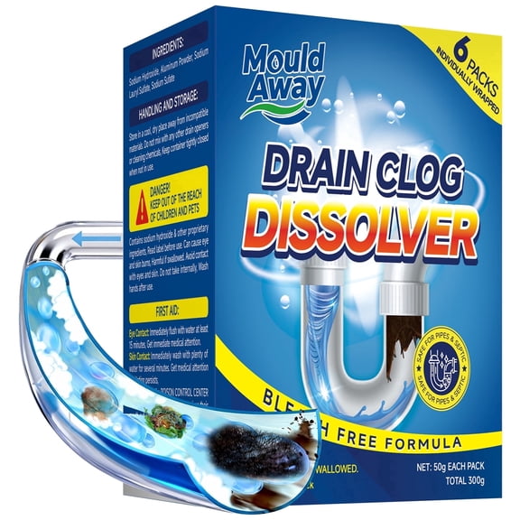 Drain Cleaner Clog Dissolver — 6 Pre-Measured Treatments | Bleach-Free Drain Opener Powder for Hair, Grease, Soap Scum, Paper & Organic Residue — Sink & Shower Unclogger