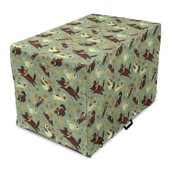 Autumn Dog Crate Cover, Continuous Cartoon Design Repeated Puppies Chasing Playing Art, Easy to Use Pet Kennel Cover Small Dogs Puppies Kittens, 7 Sizes, Almond Green and Multicolor, by Ambesonne