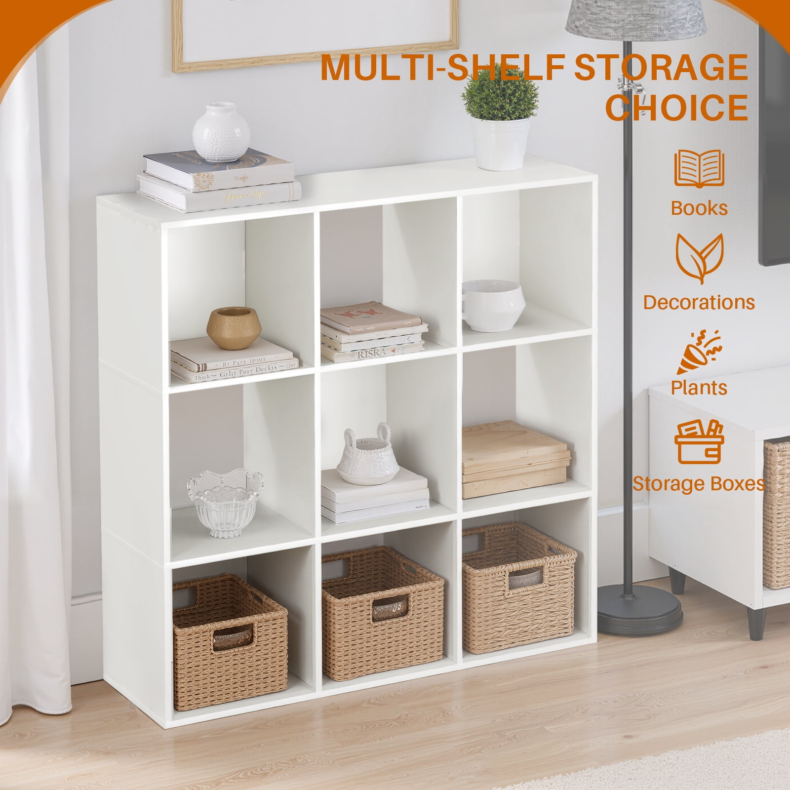 Simenmax 9 Cube Storage Organizer, Bookshelf with 5 Removable Back Panels for Living Room, Bedroom, Home Office, White