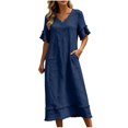 thumbnail image 5 of Women's Casual V-Neck Short Sleeve Summer Dress with Pockets, Solid, 5 of 9