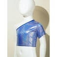 thumbnail image 3 of Yhong Kids Girls Shiny Sparkly One Shoulder Short Sleeve Dance Crop Top Hip Hop Street T-Shirts Blue 150, 3 of 7