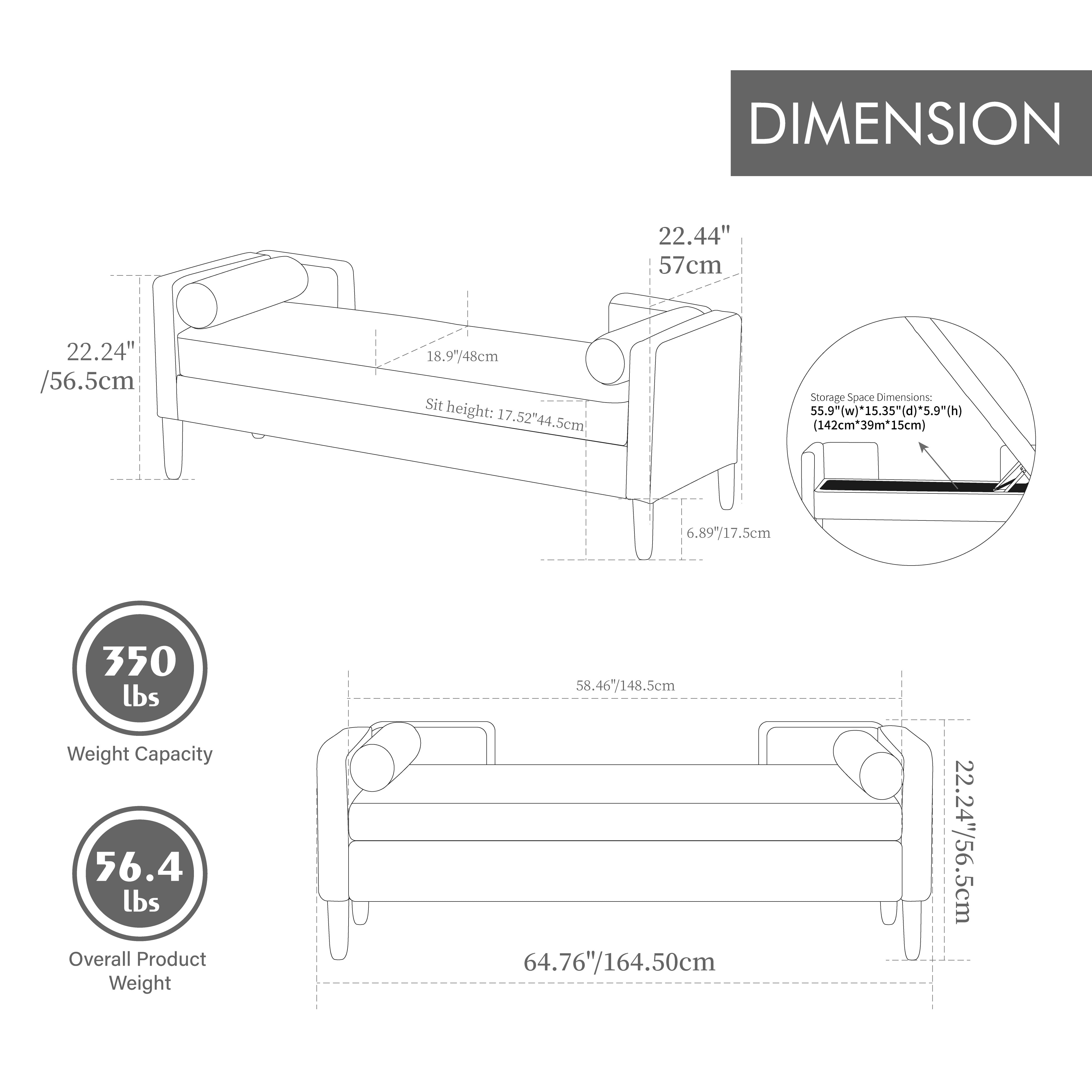 64.7"W Upholstered Corduroy Flip-top Storage End of Bed Bench, Accent Window Footrest with Armrests&Backrest&2 Bolsters Rubberwood Legs for Living Room, Hallway, Entryway Bedroom