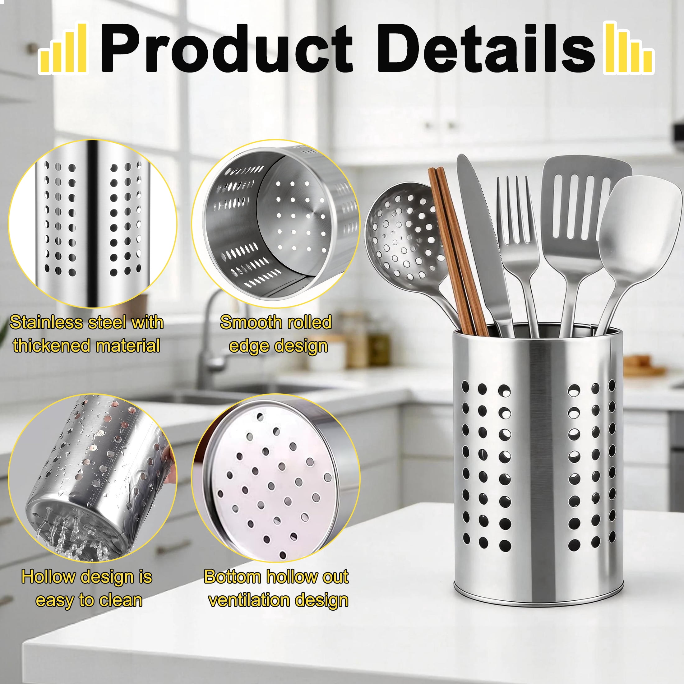 Cisilov 2 Pcs Cooking Utensil Holder, Stainless Steel Kitchen Utensil Holder, Utensil Organizers for Kitchen Countertop, Kitchen Home Office