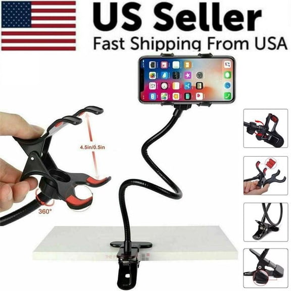 Flexible Gooseneck Phone Holder, Universal Lazy Bed Desk Clip Mount, 360° Adjustable Stand for Hands-Free Viewing, Fits Most Smartphones
