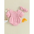 thumbnail image 2 of FEORJGP Infant Baby Girl 2 Piece Summer Outfits Newborn 3M 6M 9M 12M 18M Bubble Short Sleeve Romper Square Neck Bodysuit Solid Color Ruched Jumpsuit wband Set Toddler Casual Princess Clothes, 2 of 9