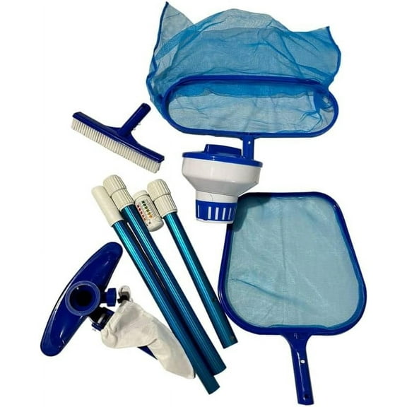 Above Ground Swimming Pool Maintenance Kit - Telescoping Pole, Leaf Rake, Vacuum, , Floating Chlorinator, Leaf Net and