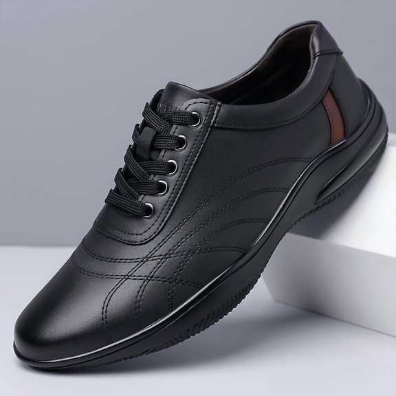 Men's Perforated Leather Walking Shoes Breathable Non Slip Cushioned Sole Lace Up Casual Daily Sneakers