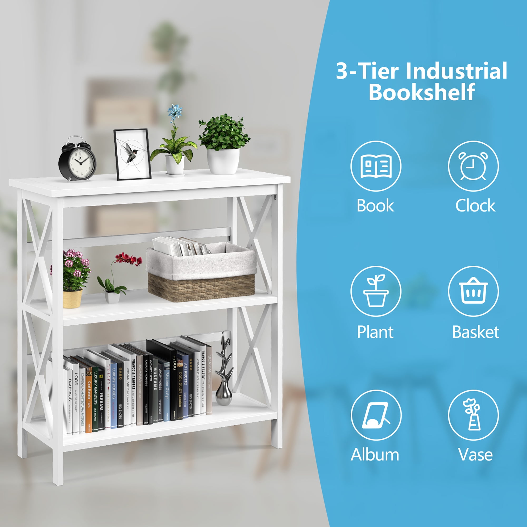Costway 3-Tier Wooden Bookshelf w/ Open Storage LIGHTWEIGHT 