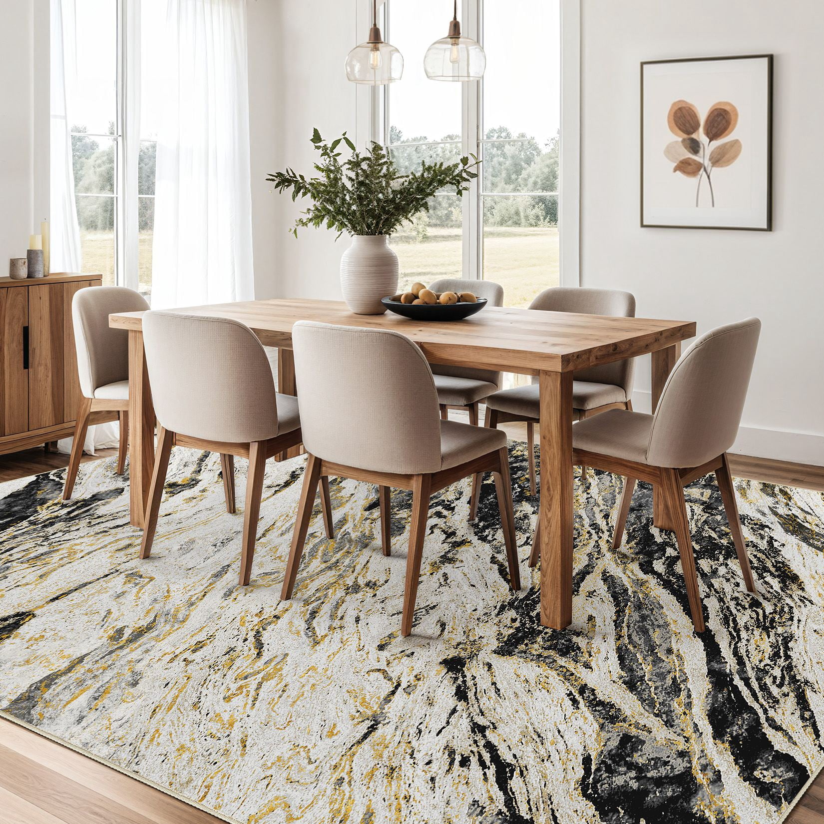 MICGEEK 6x9 Washable Area Rugs for Living Room, Modern Abstract Printed Rug, Vacuum-Friendly, Non Slip Indoor Rug for Bedroom Dining Room Home Decor Carpet, Black/Gold