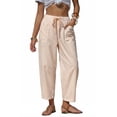 thumbnail image 2 of Women's Summer Casual Pants Striped Washed Cotton High Waist Drawstring Loose Fit Cropped Trousers with Pockets for Vacation, 2 of 9