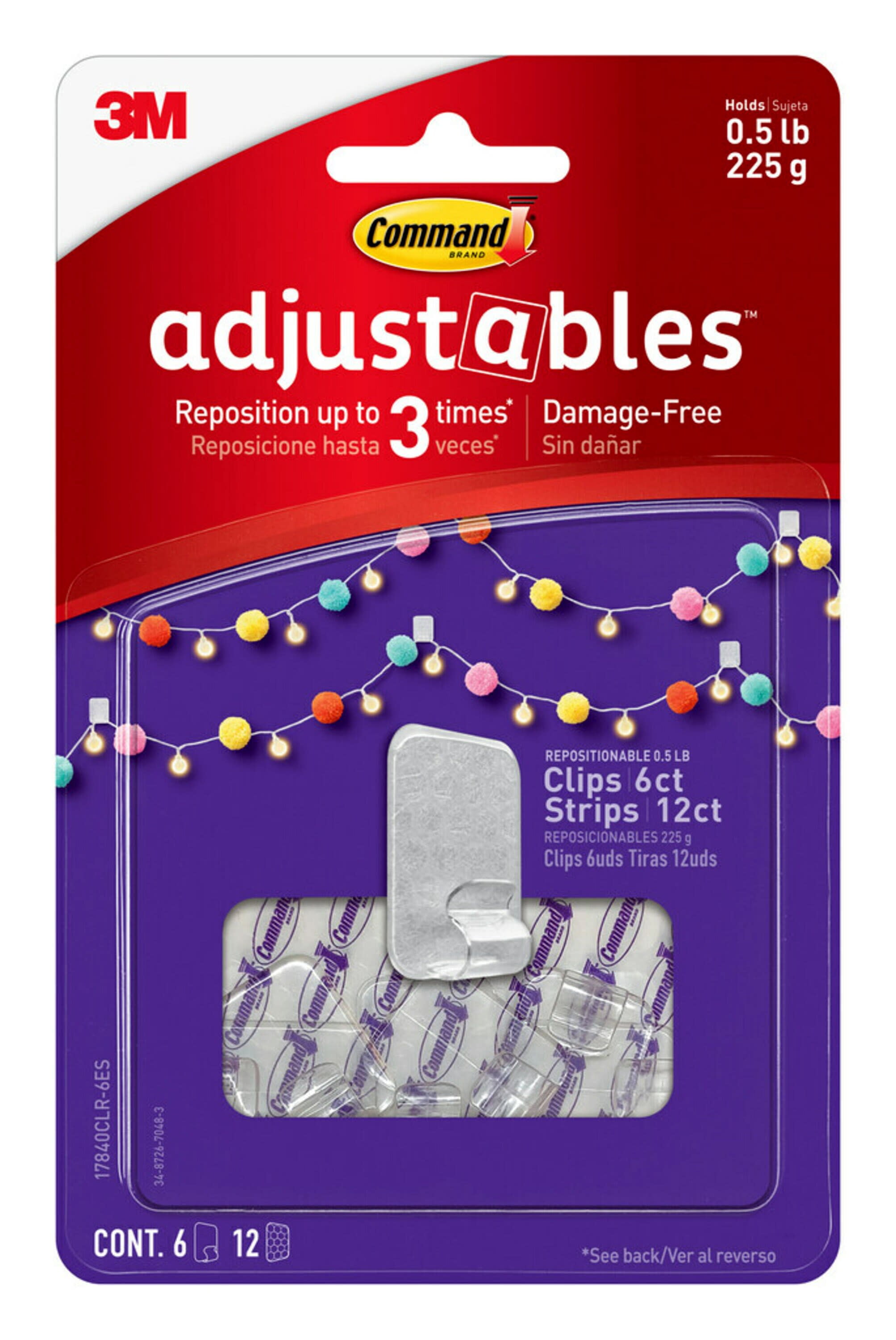 Command Adjustables Repositionable Wall Hook, Clear, Hold 0.5 lb, 6 Clips, 12 Strips
