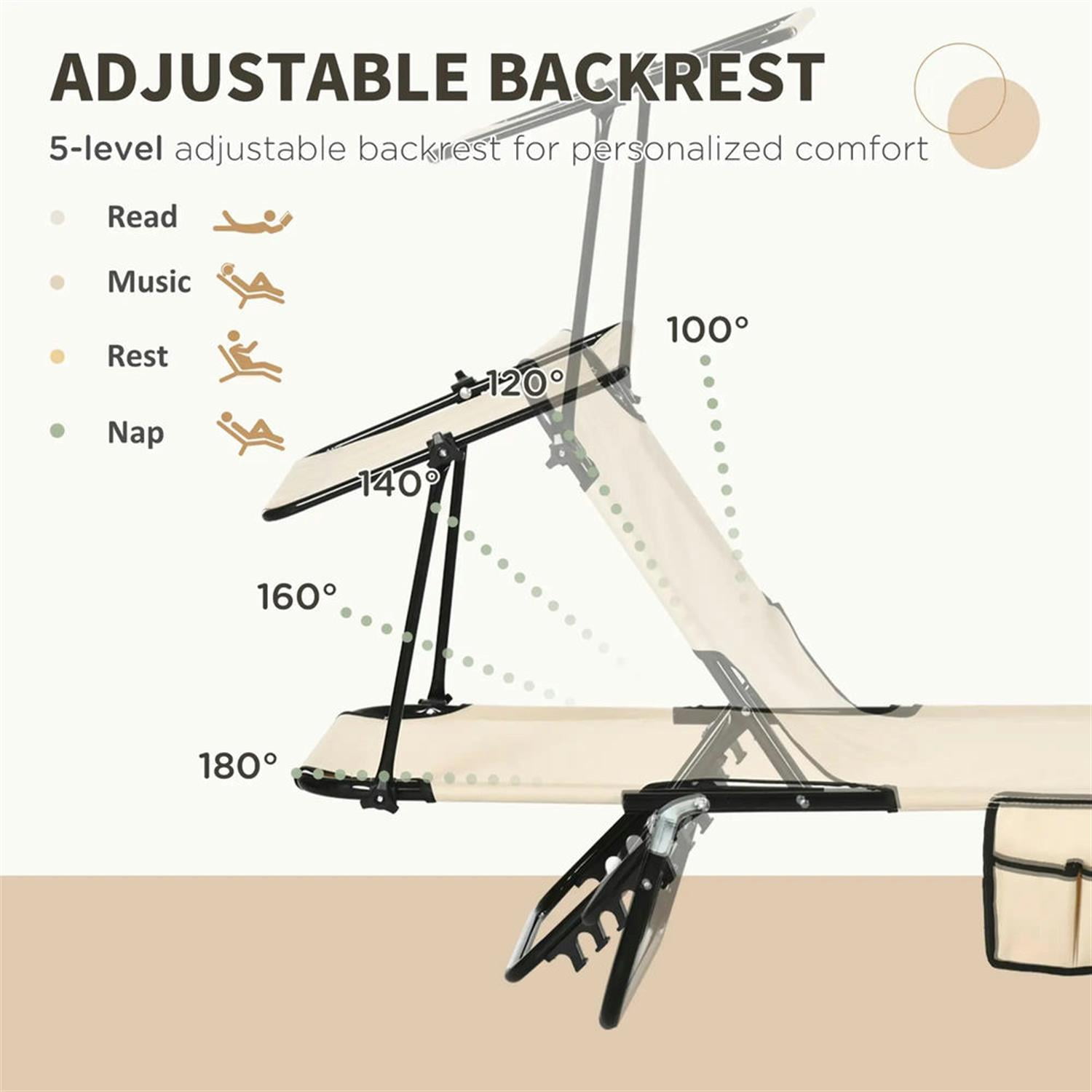 Demi Bonn Outdoor Folding Chaise Lounges Set of 2 with Canopy, Steel Frame, Side Pockets, Reclining Sun Chairs for Beach, Yard, Patio, Beige