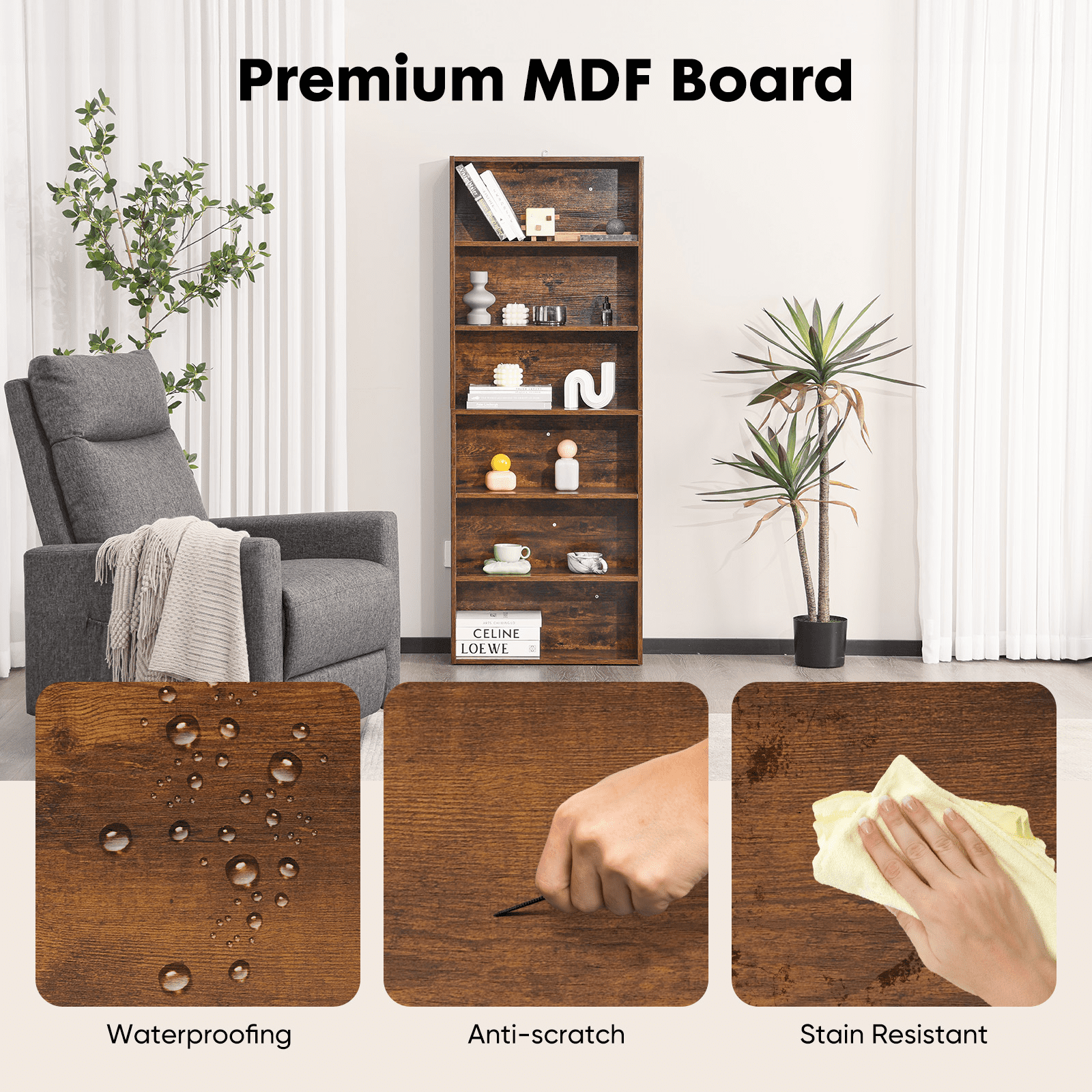 MAYEERTY 6 Shelf Bookcase, 63in Tall Floor Standing Open Bookshelf for Home Office, Living Room, and Bedroom Storage, Rust