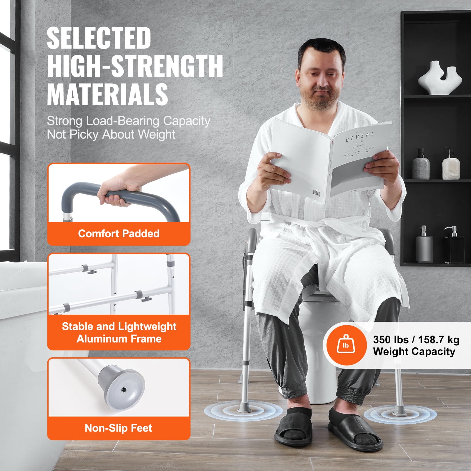 KFFKFF Raised Toilet Seat, Adjustable Height from 19.3" to 25.2", Supports up to 350lbs, Featuring Comfort Cushioned Aluminum Frame, Universal Toilet Seat Booster, Suitable for Seniors, Disabled