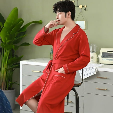 

QWZNDZGR Spring Autumn New Knitted Cotton Bathrobe Men Sleep Lounge Kimono Bath Robes masculino Dressing Gown Red Sleepwear Men Fashion