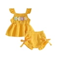 thumbnail image 3 of YWIYIUD Toddler Girl Clothes Baby Summer Outfit 3D Floral Flying Sleeve Ruffle Tank Tops Matching Cute Bow Shorts Outfits Set InfantClothing Set Baby Girl Clothes Gift Yellow 6-9 Months, 3 of 8