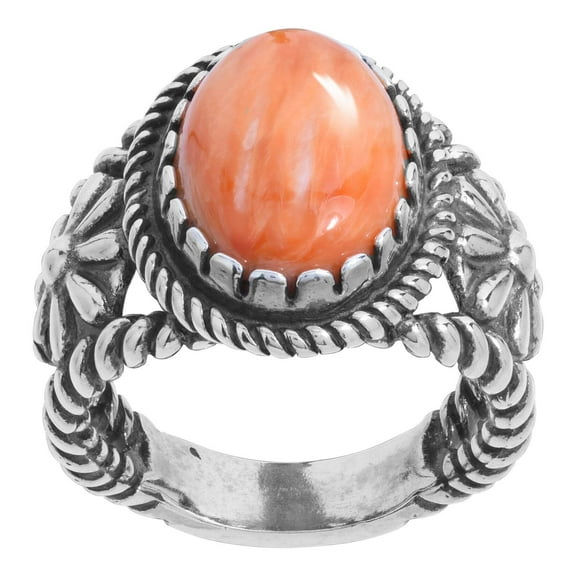 Sterling Silver Orange Spiny Oyster Gemstone Concha Flower Ring, Sizes 5 to 10