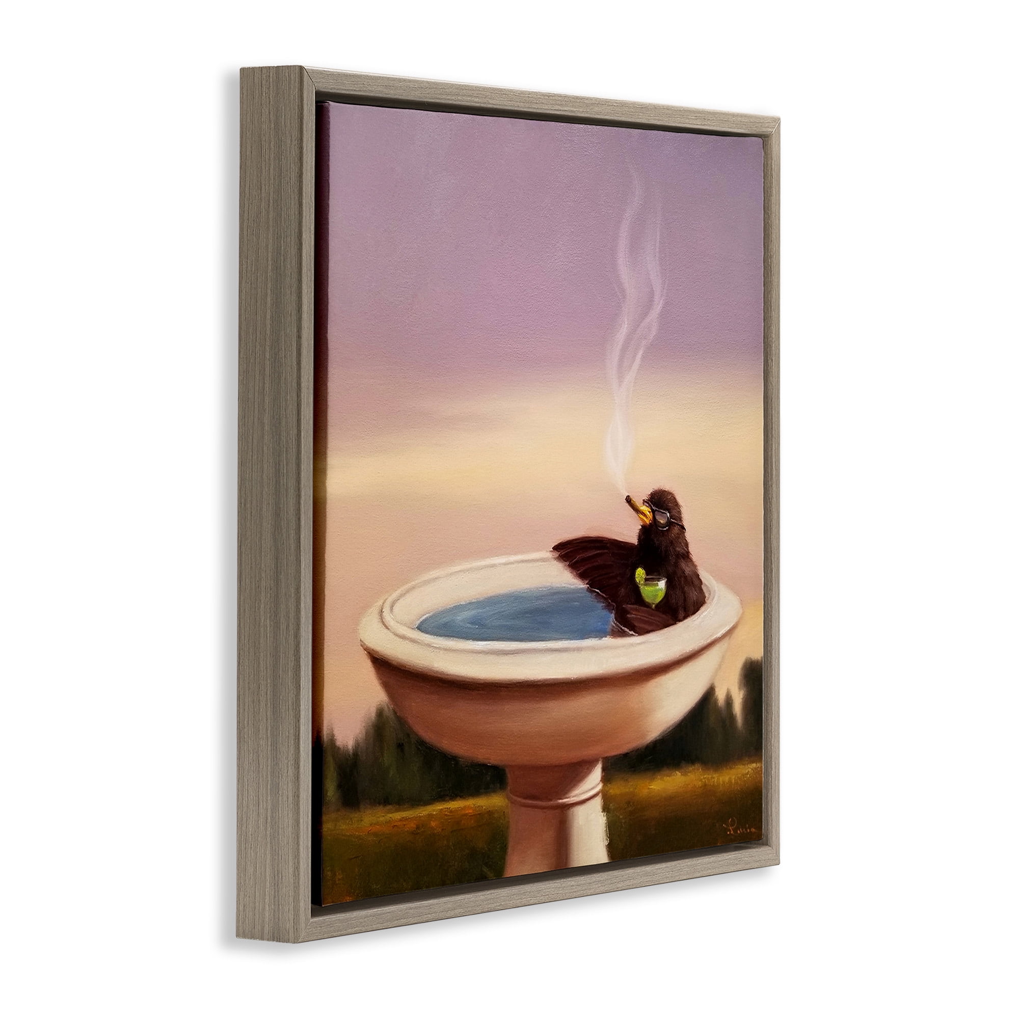 Stupell Industries Birdbath with Cocktail Humor Animals & Insects Painting Brown Floater Framed Canvas Art Print Wall Art, 25 x 25