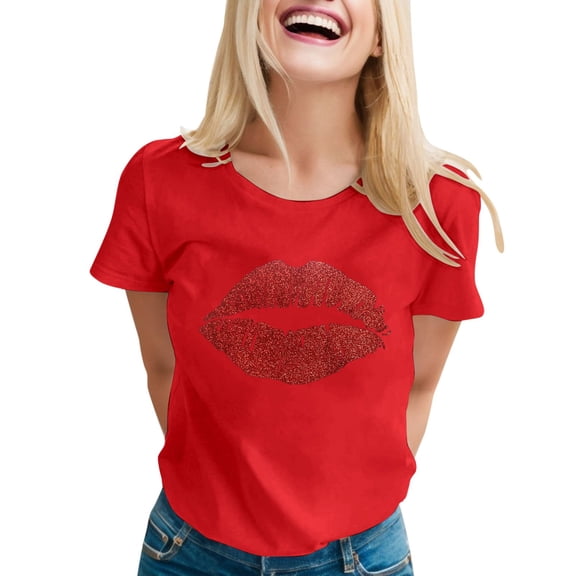 Womens Valentines Day Printed Short Sleeve Crewnrck T Shirt Top