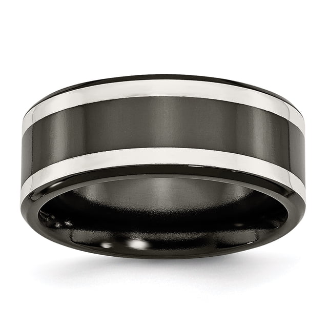Titanium Black Ti with Sterling Silver Inlay 9mm Polished Flat Band Ring 10 Size