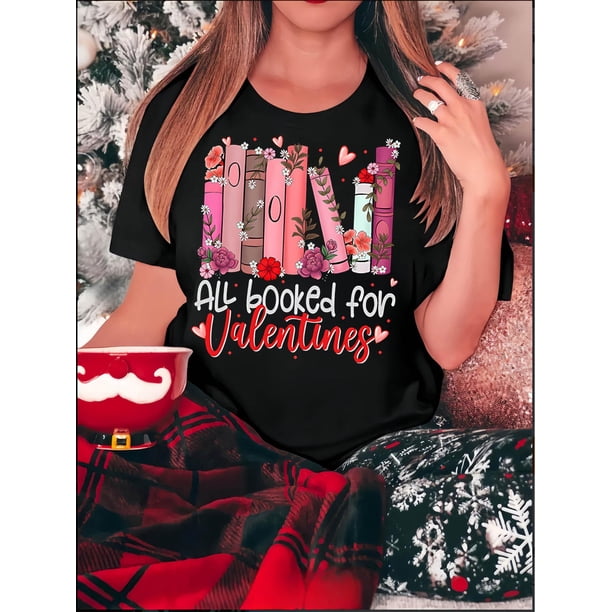 Machine Washable | Women's Casual Crew Neck T-Shirt with Geometric Love Books Print, Polyester 95% Spandex 5% Knit Fabric, Medium Stretch, All Season Fashion Top, Casual Wear | Geometric Print Tee |
