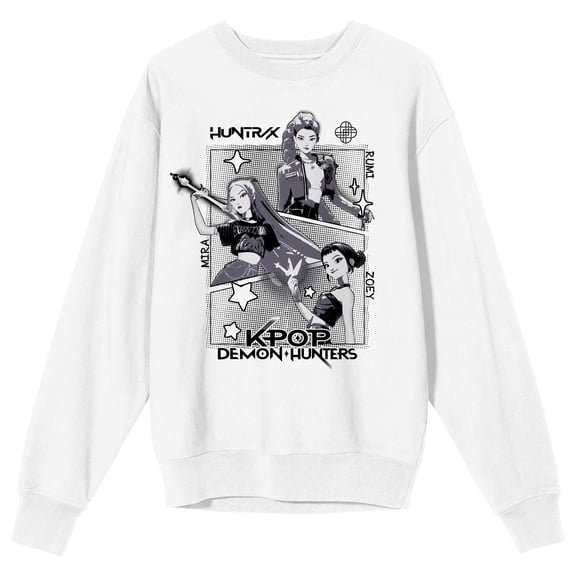 KPop Demon Hunters B & W Huntr/x Character Art Adult White Crew Neck Long Sleeve Sweatshirt-Medium