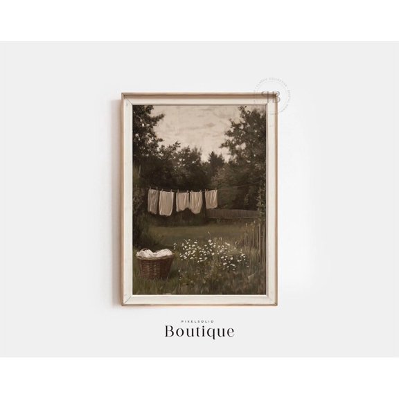 Miluva Farmhouse Laundry Line Print Rustic Clothesline Wall Art & Vintage Style Sepia Garden Scene For Laundry Room, No.705 ,Decor For Living Room Bedroom, 8x12 UNFRAMED