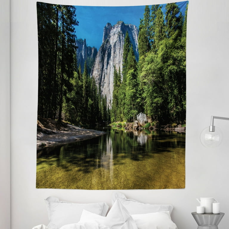 Nature Tapestry Large Granite Cliff Surrounded by Trees River Under Clear Sky Wild Beauty Scenery Fabric Wall Hanging Decor for Bedroom Living Room