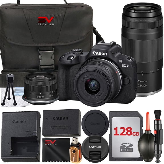 Canon EOS R50 Mirrorless Camera with RF-S 18-45mm   75-300mm Lens   128GB Memory Card   Case   SV Premium Accessory Bundle (International Version)