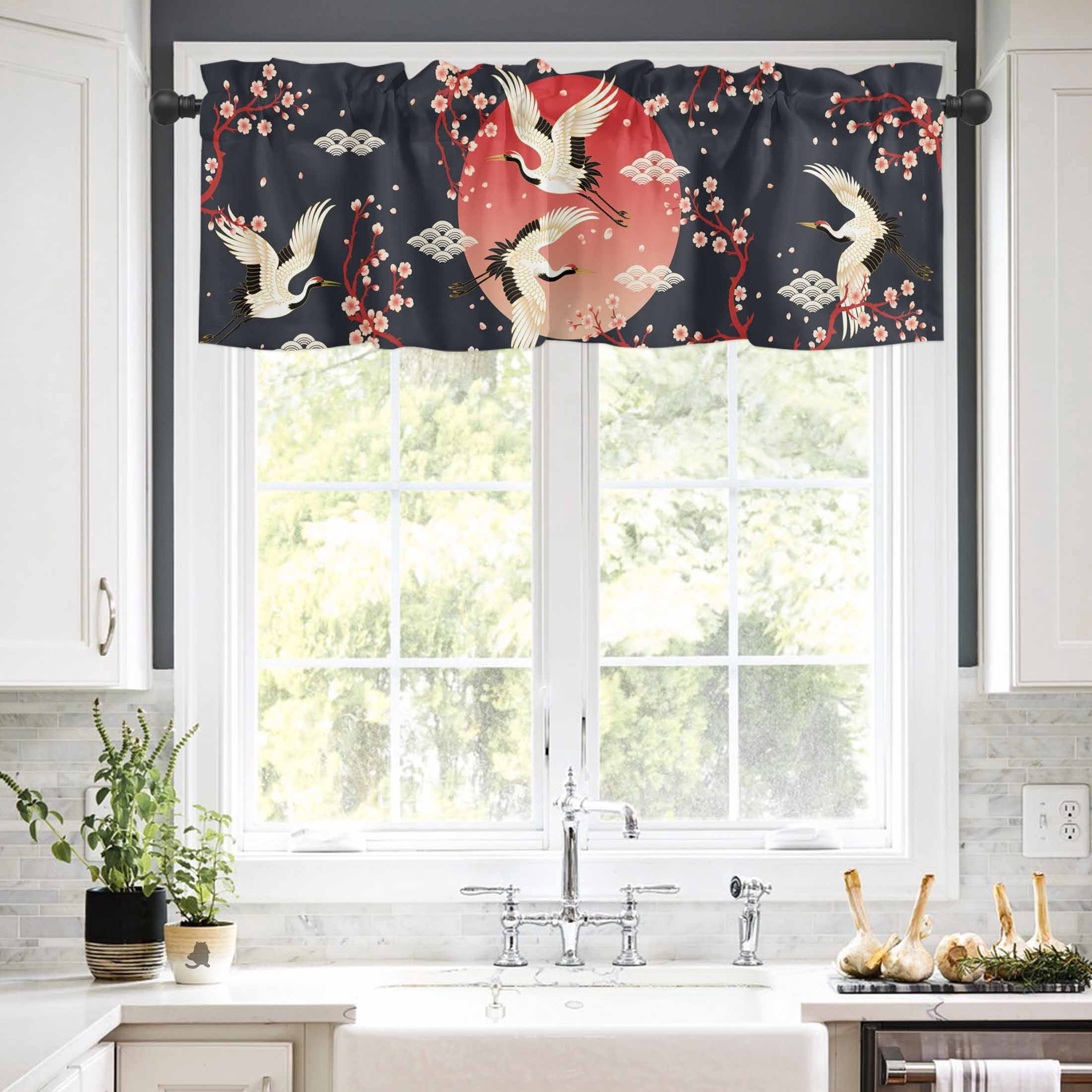 Pink Cherry Blossom Crane Valances for Windows Japanese Style Cloud Black Rod Pocket Curtain Valance Window Treatment Short Curtains for Kitchen Living Room, 60"x18"