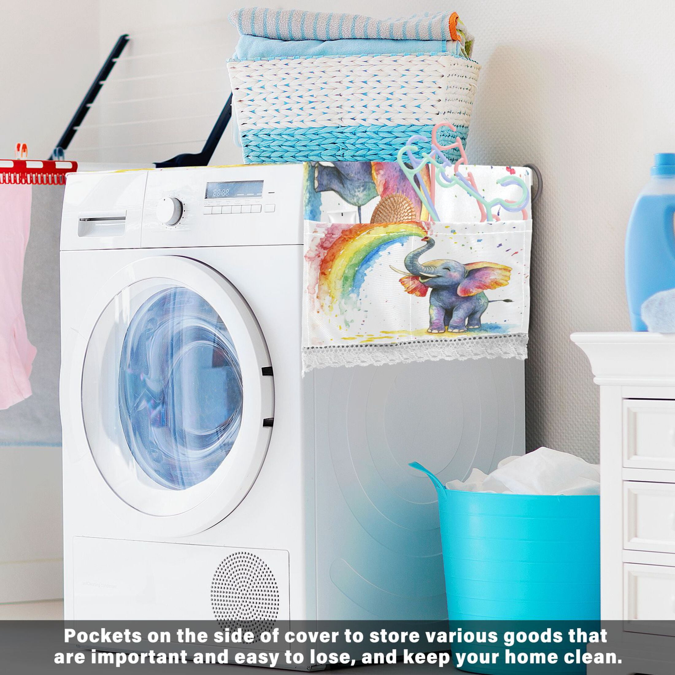 Washing Machine Cover 51.2x22in, Durable Polyester Dust Cover with Lace Trim and Side Pocket for Appliances Elephant Color Spraying