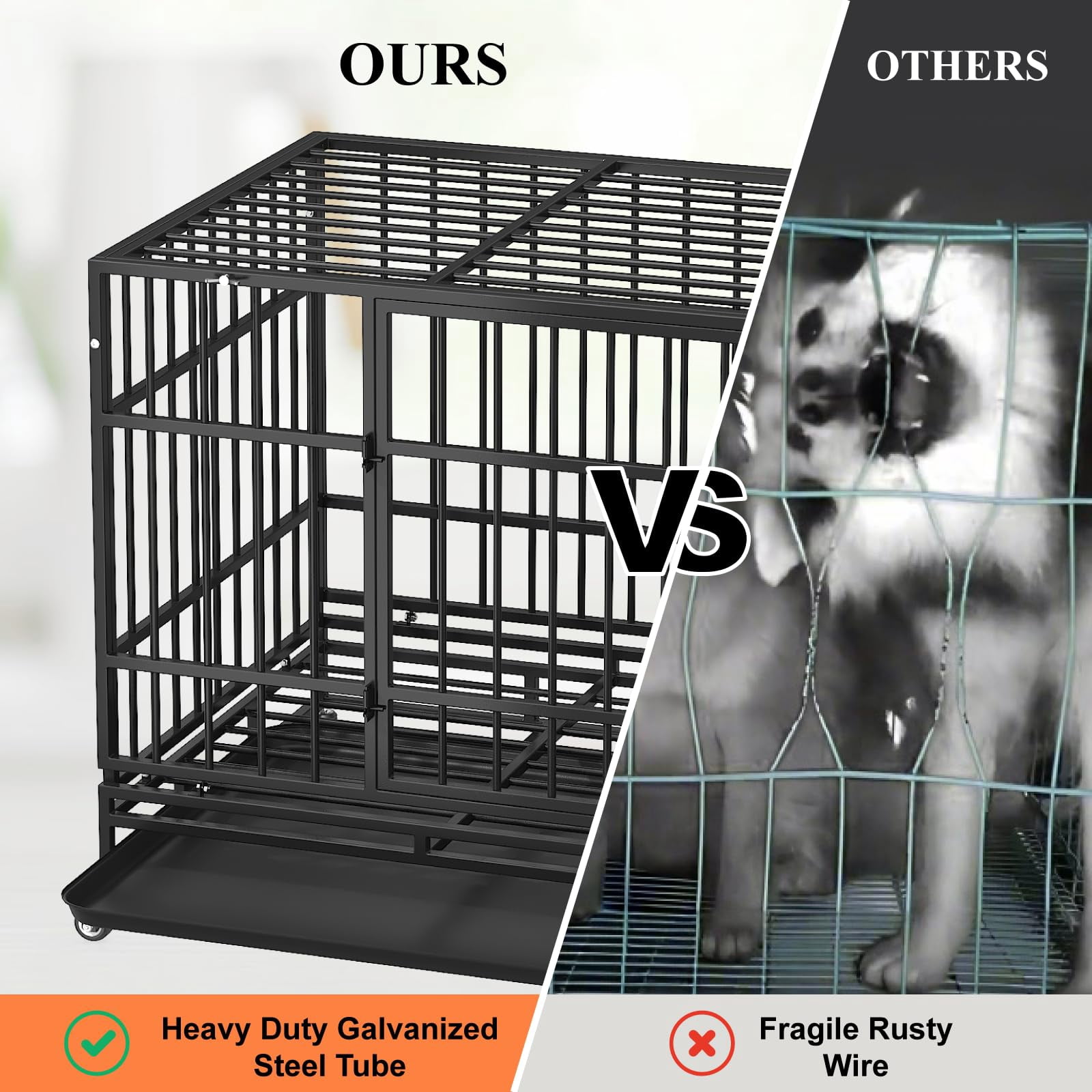 TIMHAKA 48 Inch Heavy Duty Steel Dog Crate with Wheels, Tray & Double Doors for Large Dogs