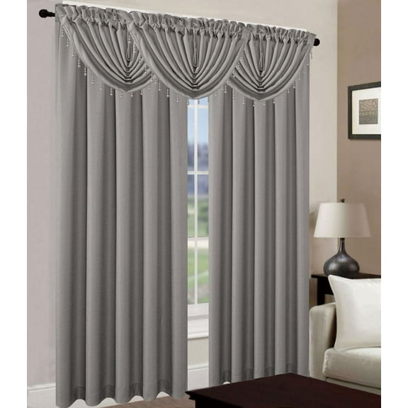Leah 5 Piece Woven Textured Curtain Set with Beaded Austrian Valances (Silver Grey)