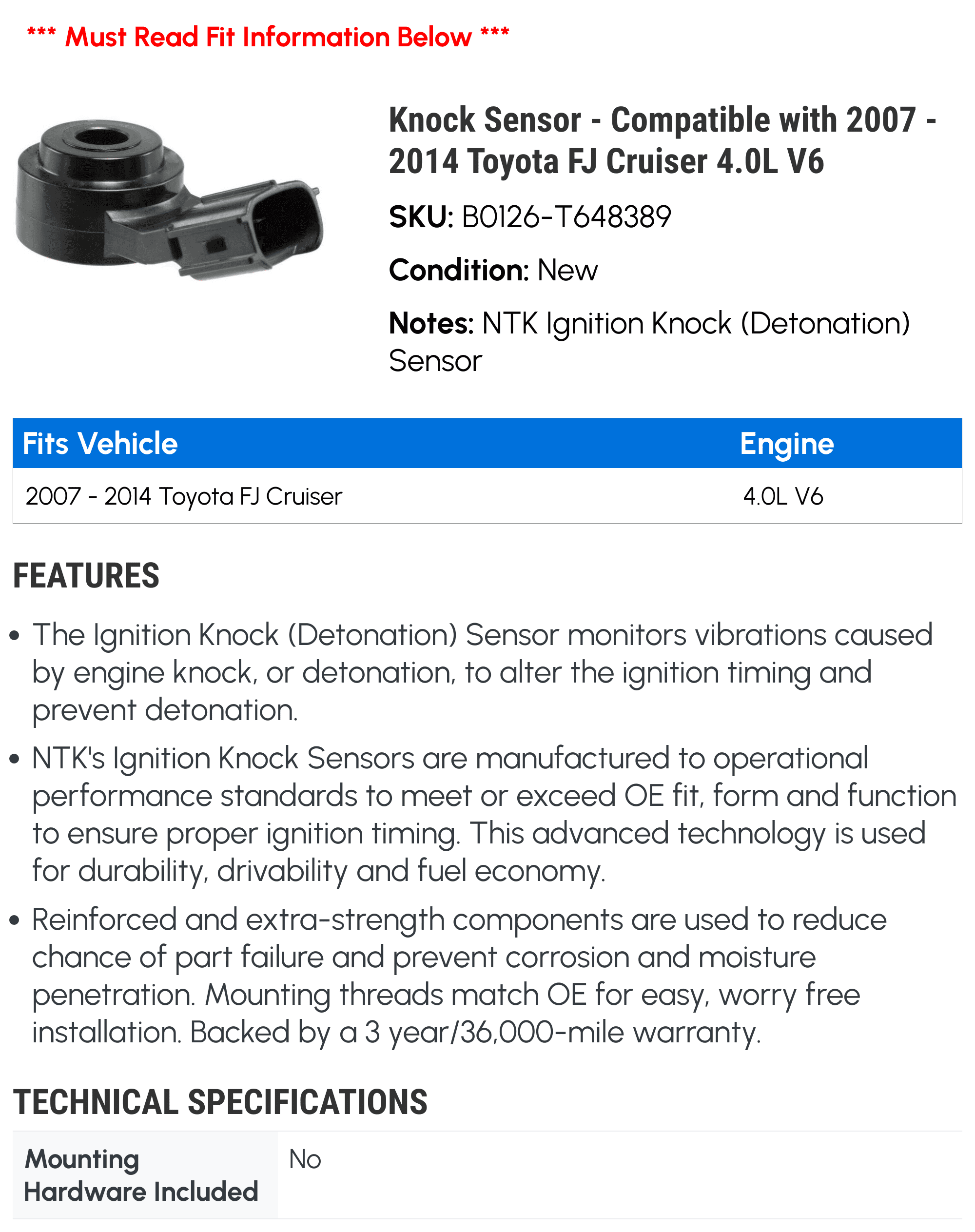 Knock Sensor - Compatible with 2007 - 2014 Toyota FJ Cruiser 4.0L V6 2008 2009 2010 2011 2012 2013
