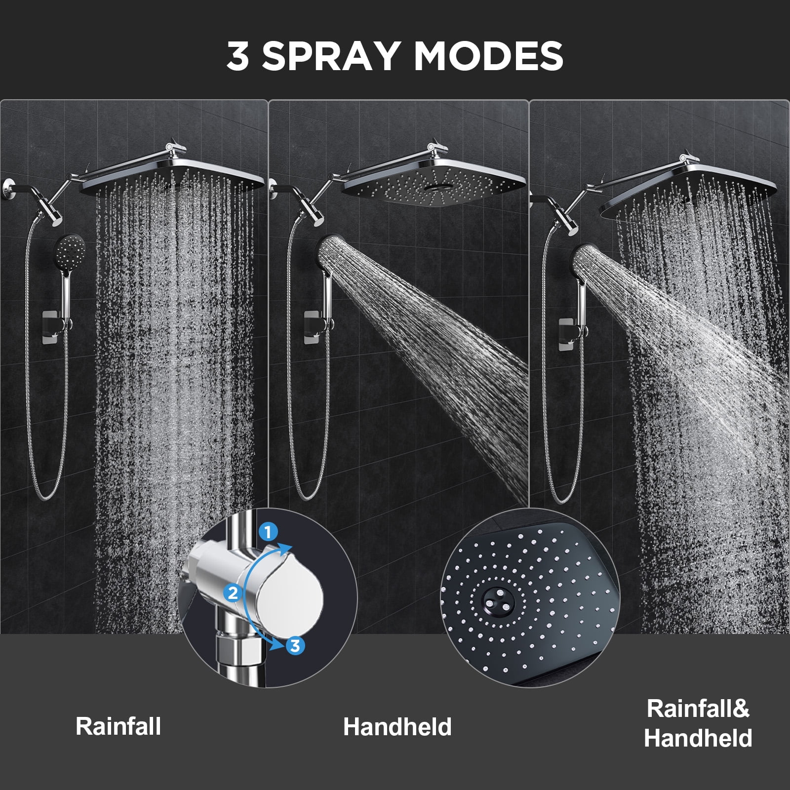 Veken Wide Rain Shower Head with Handheld, High Pressure Rainfall Showerhead Combo with Arm for Bathroom Accessories, Home Decor, Detachable Dual Shower with Multi Modes Handheld Spray, Silver Chrome