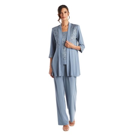 R&M Richards Women's Lace ITY 2 Piece Pant Suit - Mother of the bride outfit, 8 Slate