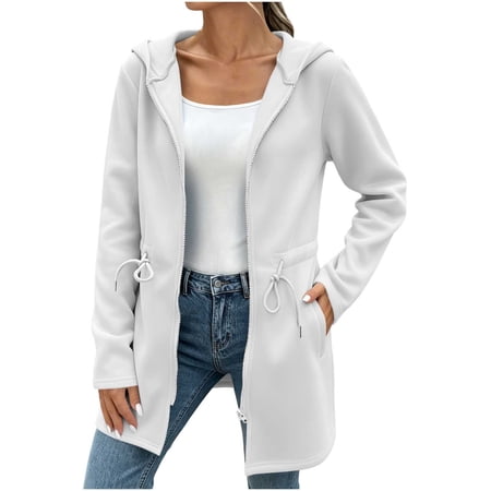 vdgthytj Hoodies for Women Long Sleeve Full Zip Drawstring Waist Fall Winter Athleisure Long Sweatshirts with PocketsLargeWhite