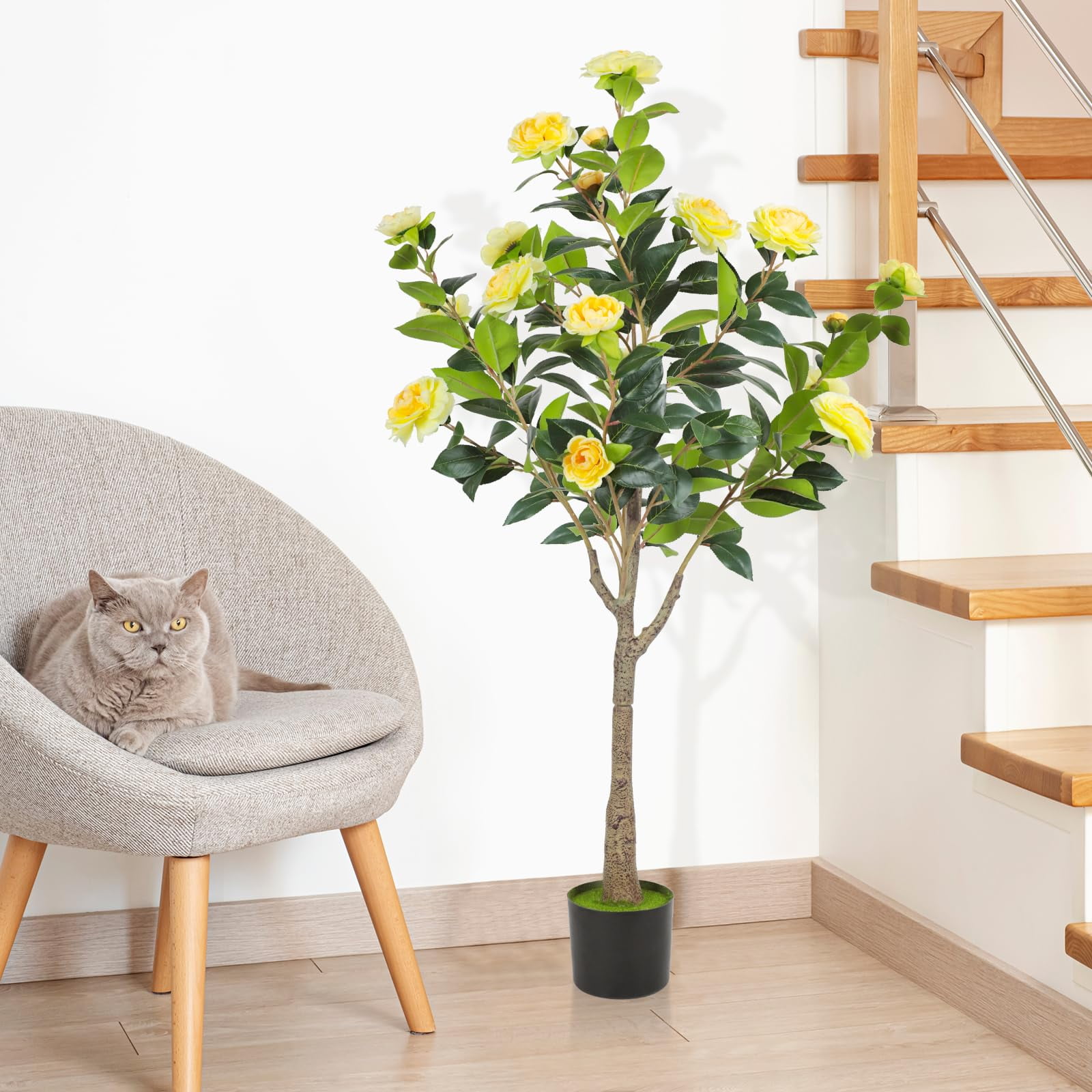 2 Pack 4FT Artificial Camellia Flowers Tree, Yellow Fake Camellia Plant Potted with Faux Greenery Leaves, Realistic Blooming Faux Floral Tree for Indoor Outdoor Home Decor, Yard Patio Office Porch
