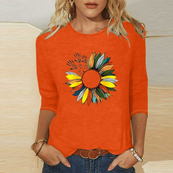 Openpig Hauts Orange de Jour Chandails à Manches 3/4 pour Femmes Coupe Ample Col Ras du Cou Hauts Habillés Décontractés