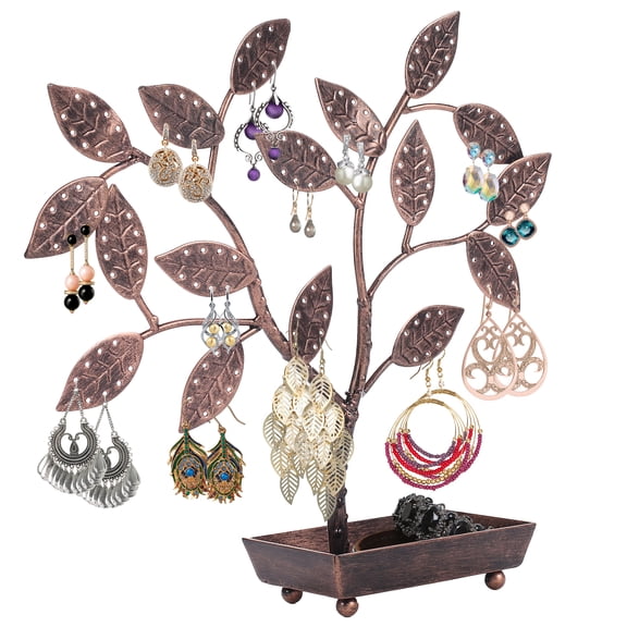 MyGift Metal Tree & Leaf Jewelry Stand Display Rack with Ring Tray, Bronze Earring Necklace Hanger