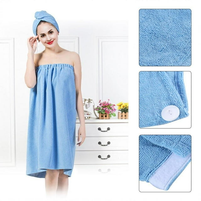 WALFRONT Ensemble d'Enveloppement Corporel Doux pour Femmes pour le Bain, Serviette de Douche Spa, Enveloppe de Bain avec Bonnet de Séchage des Cheveux Ajustable, Turban pour Cheveux Bleu. l'Ensemble Comprend une Serviette d'Enveloppement en Microfibre Mesurant Environ 35,4 x 59,1 Pouces et un Bonnet de Séchage des Cheveux Mesurant 9,1 x 25,6 Pouces. l'Enveloppement de Bain Présente une Fermeture à Crochets et Boucles et un design Élastique pour un Ajustement Sécurisé, pendant Que le Turban pour Cheveux a une Fermeture à Bouton pour une Utilisation Facile. le Tissu Est Doux, Respirant et