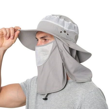 Mens Outdoor Sun Hat with Face Neck Flap UV Protection Fishing Hat Waterproof Wide Brim Bucket Hat Gray