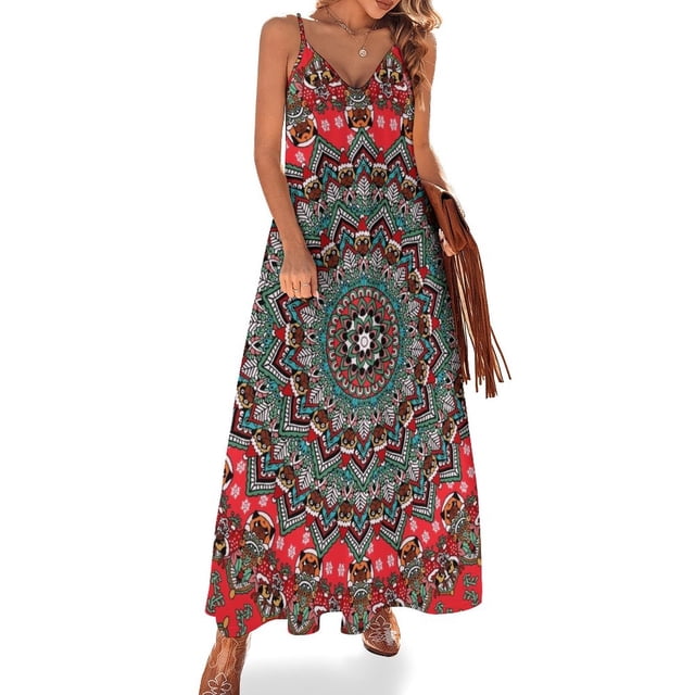 Vestido sin mangas con diseño de perro Pug y mandala para Navidad, vestidos largos para mujer, vestidos sexys de verano para mujer