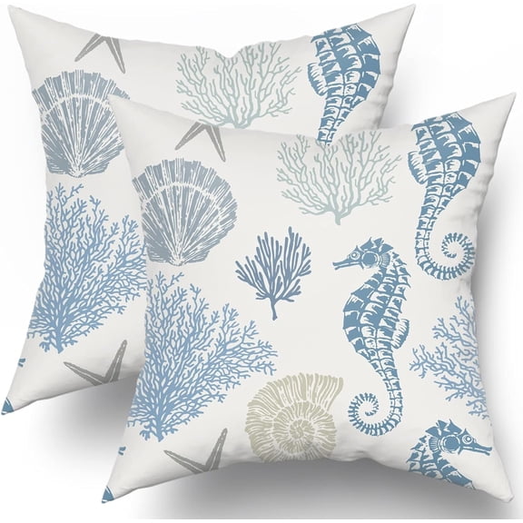 Nautical Coastal Throw Pillow Covers 20x20 Set of 2 Coral Seashell Starfish Seahorse Beach Decorative Throw Pillows Summer Ocean Pillowcase Cotton Square Cushion Cover Decor for Home Couch Bed Soft